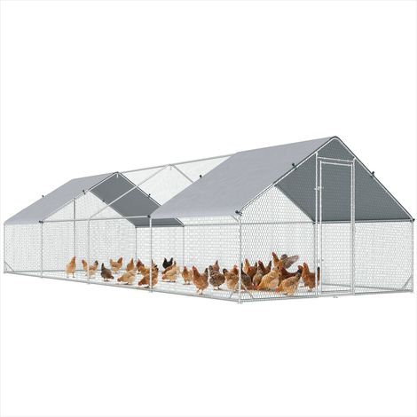Poulailler avec enclos 24 m² 3 x 8 x 2 m acier galvanisé Gris (1/5)