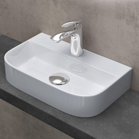Doporro – Lavabo à poser/suspendre en céramique blanche – Rectangulaire arrondi 38x23,5x8cm – Perçage pour robinet – Facilité de nettoyage Nano - ssel003 (1/5)