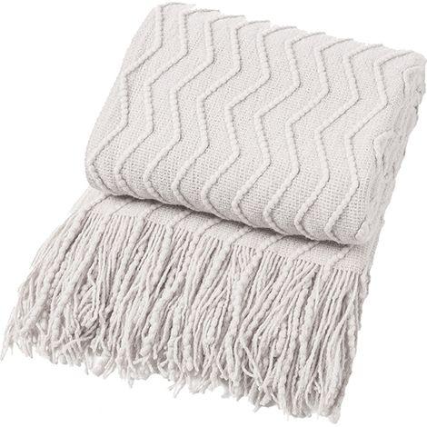 1 Jeté de canapé, tricot zigzag, polyester doux, franges pompons, décoration salon chambre, 130 x 180 cm (1/5)