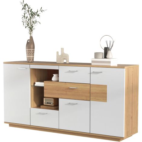 Buffet de style moderne (avec grand espace de rangement et éclairage LED) — 2 portes, 4 tiroirs, inclut des étagères en verre, finition aspect bois, blanc — Meuble de salon, armoire de rangement, comm