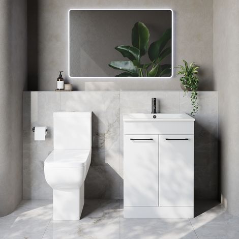 Napoli 460 Gloss White 600mm 2 Door Vanity Unit and Tacoma Comfort Height Toilet Suite with Angel Basin - 600mm - Matt Black 160mm Handle