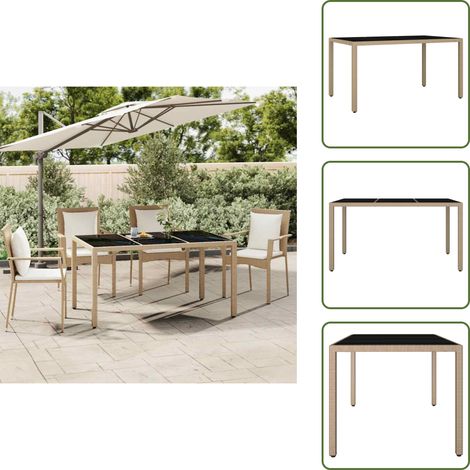 The Living Store Tavolo da Giardino Piano Vetro Beige Polyrattan Vetro Temperato - Piano in vetro