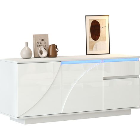 Buffet avec 3 Portes, 1 Tiroir et Étagères Réglables, LED contrôlée par Application, en MDF, Blanc, 140 × 40 × 60 cm