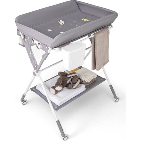 GOPLUS Table à Langer Bébé Pliante, Commode à Langer Réglable en 3 Hauteurs avec Roues Verrouillables, Poubelle, Panier de Rangement, Étagère, Ceinture de Sécurité, pour 0-12 Mois (Gris) (1/5)