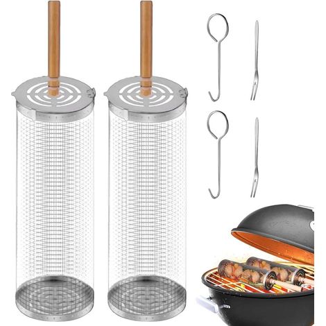 Panier à griller en acier inoxydable (lot de 2, 30 cm), panier à griller à roulettes avec poignée en bois pour le camping et le jardin (1/5)