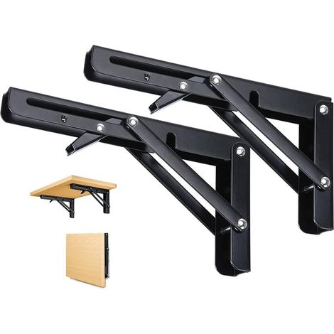 Support d' Étagères Pliable, 200mm Équerre Pliante Noir Console Pliants, Murale Supports Pliante, Pour Table Etagere Murale Garage Cuisine Chambre Bureau