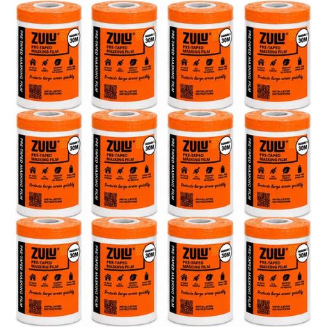 Zulu Pre-Taped Masking Film 1400mm x 30m - Heavy Duty Paint Static Plastic Dust Sheet Protection Film with Masking Tape, 12 Pack