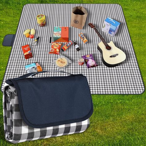 KOWOLL Tapis de plage imperméable pour pique-nique. Avec poignée, motif à carreaux bleu marine. Convient pour le camping et les parcs. (1/5)