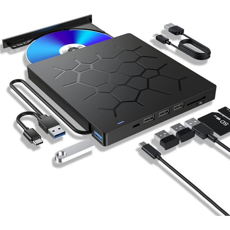 Externes optisches Laufwerk für Laptops – Ultraschlanker 7-in-1 USB 3.0 tragbarer DVD-Player, Brenner und externes optisches Laufwerk kompatibel mit Laptops, Desktop-PCs und den Betriebssystemen Windo