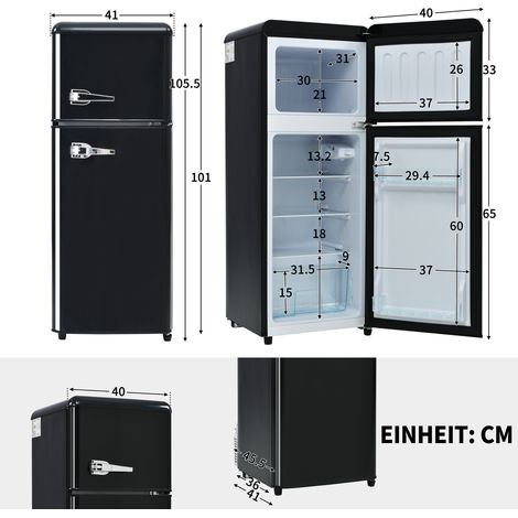 Réfrigérateur-congélateur combiné 92 litres – Hauteur 105,5 cm – Largeur 41 cm – Classe énergétique F – Niveau sonore 45 dB – Éclairage LED