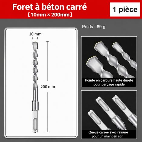 Foret béton à queue carrée 10 × 200 mm pour perforateur 10 200mm 200 e50146 18 × 15 × 2 cm 89 g – Livraison gratuite