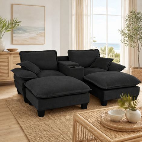 Divano modulare con USB, contenitore, 2 pouf, 2 cuscini, nero DESVIAE (1/5)