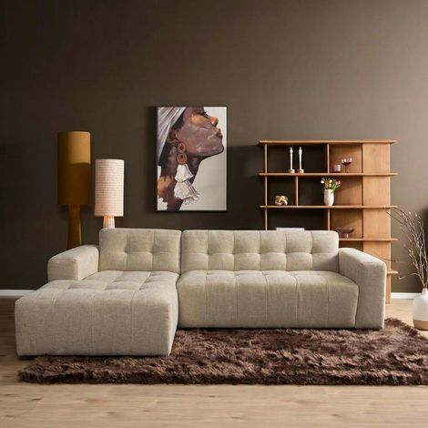 Canapé beige avec méridienne effet matelassé (côté gauche) RIVOLI (1/2)