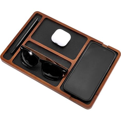 Wooden Valet Tray Bedside Table Organizer Leather Trim Wooden Tray for Men EDC Organizer for Entryway Office Table Phone Watch Wallet Keys 7.8 x 11.8 Inches (1/5)