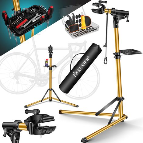 KESSER® Fahrradmontageständer Profi Reparaturständer Aluminium für Fahrräder Mountainbikes E-bike Schwerlast-Montageständer Fahrradständer +Tasche Gold