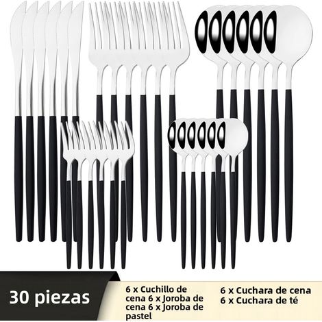 Ensemble de couverts 30 pièces en acier inoxydable (noir et argent) : couteau, fourchette, cuillère, couverts, argenterie (1/5)