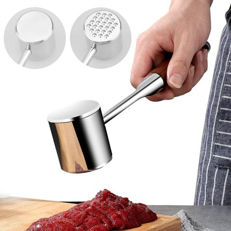 Marteau à Viande - Tête en Acier Inoxydable Alimentaire Double Face (Plate et Texturée) - Poignée en Bois Ergonomique Antidérapante - 29 x 5,7 x 5 cm - 437 g (1/5)