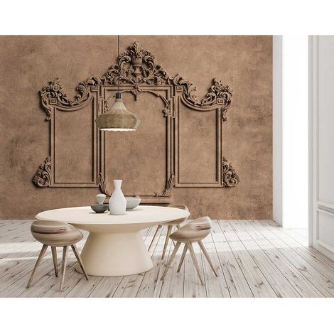 Papier peint panoramique marron 3D Tapisserie panoramique terracotta aspect moulure Papier peint panoramique élégant trompe l'oeil (1/3)