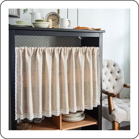Rideau court opaque style bistro, rideau bohème en coton et lin avec pompons, idéal pour la cuisine, le salon ou la chambre, 1 pièce, L 150 x H 60 cm