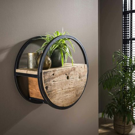 Etagère murale ronde bois recyclé brut 1 tiroir D50 cm CYCLADES (1/5)