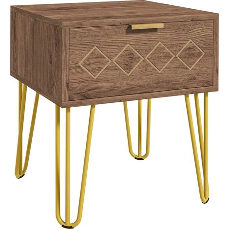 Comodini Moderni Set 2 Pezzi con Cassetto , Comodini Camera da Letto, Salotto, in Truciolato e Acciaio, 39.5x41x49 cm, Marrone e Oro