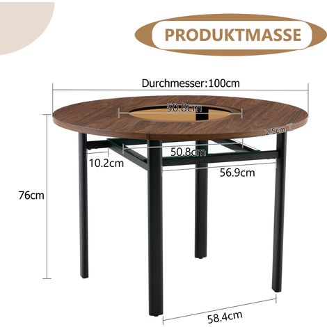 Table ronde au design minimaliste moderne de 100 cm de diamètre avec un motif en bois brun, convenant à 2-4 personnes (avec plateau en verre brun-gris encastré et cadre de stabilité en métal). (1/5)