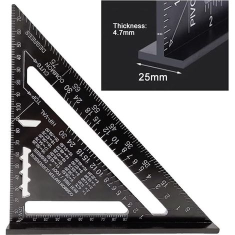 équerre de charpentier BCC 17 cm en alliage d'aluminium, avec rapporteur intégré, pour le travail du bois et les travaux de menuiserie. équerre métrique professionnelle avec rapporteur intégré, noire. (1/5)