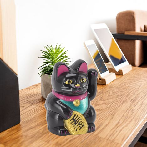 Chat porte-bonheur solaire automatique agitant la main, idéal pour la maison, le bureau et la voiture, et parfait comme cadeau. Chat porte-bonheur photosensible MLY23063, assis, noir. (1/5)