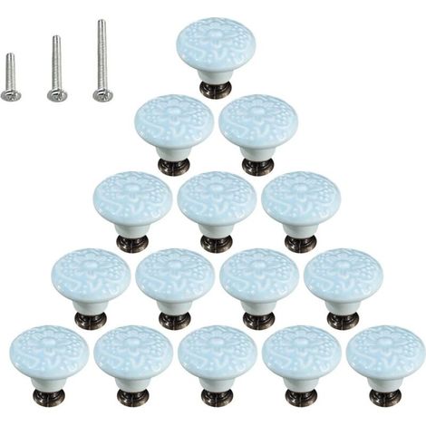 Lot de 15 poignées de commode en céramique brillante style champignon avec 3 vis de montage, bleu ciel (1/5)