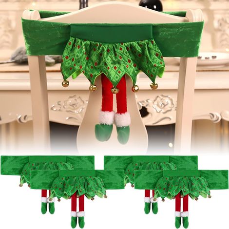 Lot de 4 housses de chaise décoratives extensibles vertes à motif lutin de Noël et grelots, idéales pour les fêtes de fin d'année, les mariages, les soirées et les séances photo.