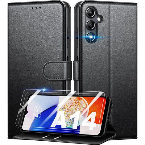 Coque pour Samsung Galaxy A14 4G/5G + 2 Pièces Verre Trempé, [RFID Blocage] Étui de Protection Housse Premium en Cuir PU, [Fentes pour Cartes] Pochette de Portefeuille Etui à Rabat - Noir (1/5)