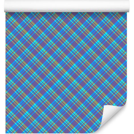 Papel pintado a cuadros azules y turquesas para salón y dormitorio, 50x1000 cm. (1/5)