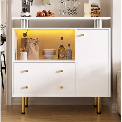 Buffet moderne LED blanc, 2 portes coulissantes en verre, 2 tiroirs, 1 porte, 80 x 35 x 80 cm (1/5)