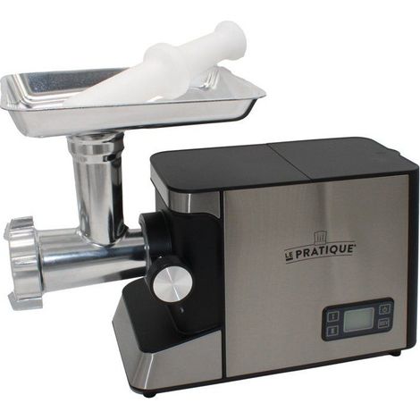 Hachoir à viande électrique 900 W – Écran LCD – Inversion pour débourrage – 3 grilles inox et 3 embouts à saucisses – Le Pratique