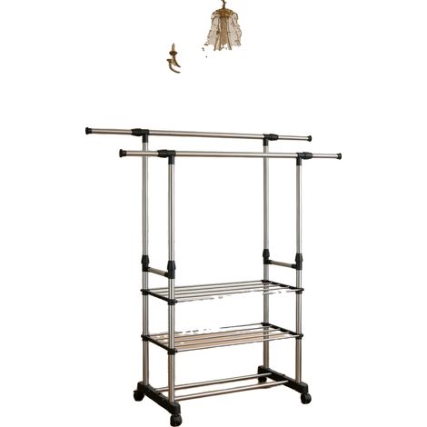 Appendiabiti in acciaio inox, altezza regolabile 70-150 cm, larghezza 78 cm, asta estensibile 90-144 cm, profondità 42 cm. (1/5)