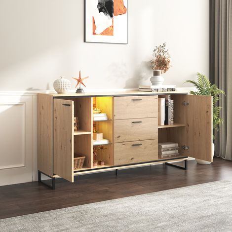 Buffet à 3 tiroirs avec 2 portes,4 compartiments de rangement, Commode de maison élégant et fonctionnel, naturel (1/5)