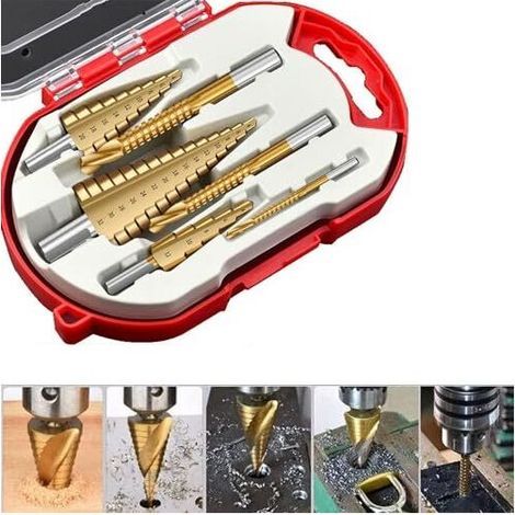 Jeu de 6 Forets Etagés, HSS Inox Metal , 4-12/20/32mm 3 6 8mm,Triangle Conique Titane, Foret Fraise Meche Etage Pour Plastique, Tôle, Perçage de Trous en Aluminium, Métrique, (1/5)