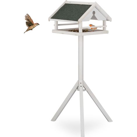 Relaxdays Vogelfutterhaus mit Ständer, wetterfestes Dach, Holz Vogelhaus, HBT: 120x62x55 cm, Futterhaus Wildvögel, weiß (1/5)