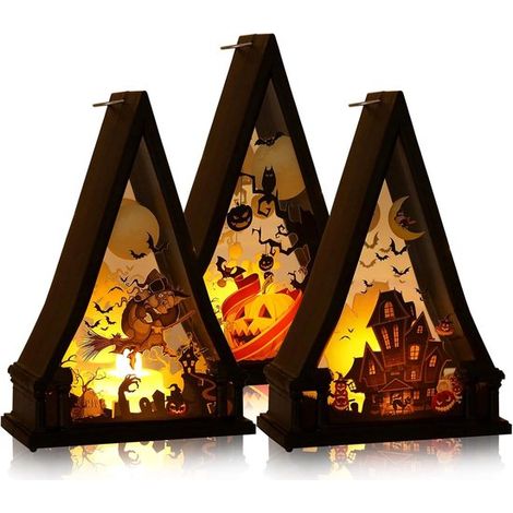 Lanternes décoratives triangulaires - Lot de 3 - Lanternes triangulaires - Lumière LED chaude - Motifs citrouille, château et sorcière pour une ambiance d'Halloween, convient à une utilisation intérie