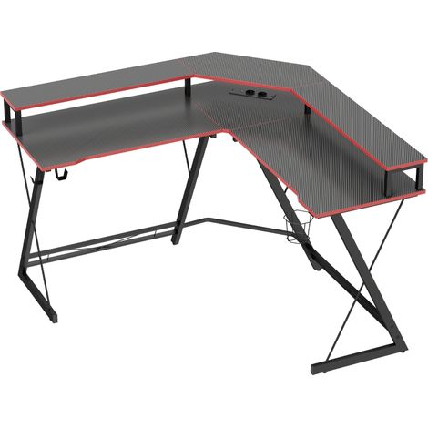 Bureau d'ordinateur en forme de L avec prises électriques, bureau d'angle de 128 cm avec support moniteur, crochet pour casque et porte-gobelet (1/5)