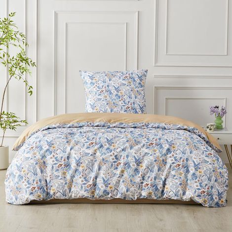 Bettwäsche-Set 135x200 cm Baumwolle Blumenmuster Blau 2-teilig mit Reißverschluss