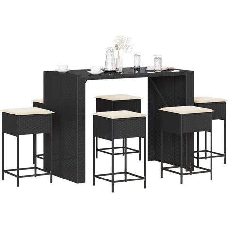 7-tlg. Gartenbar-Set mit Kissen Schwarz Poly Rattan (1/5)