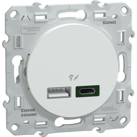 Schneider Electric – Chargeur USB type A 7,5W + C 45W – S520403 – Charge rapide PD3.0 – Installation par bornes à vis – Prise USB complète (1/5)