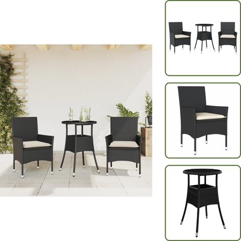 The Living Store Ensemble à manger de jardin et coussins 3 pcs noir rotin verre - Meubles De Jardin - Salon De Jardin - Set De Jardin - Mobilier D'extérieur - Table De Jardin