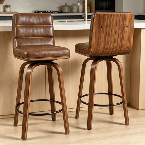 Taburete de bar, tapizado en PU, respaldo ergonómico, patas de madera, marrón rojizo (1/5)