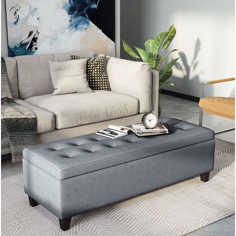 Banc coffre rembourré avec rangement 125 x 49 x 41,5 cm, couvercle, aspect lin gris HAVRYA (1/5)