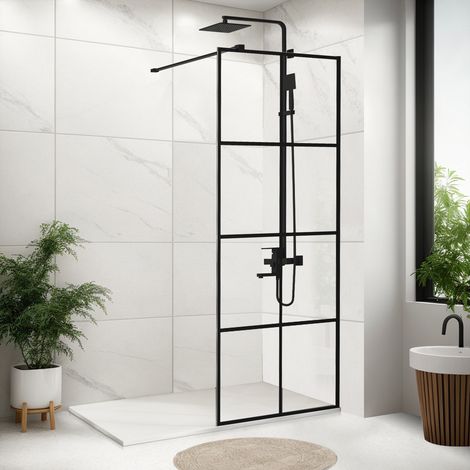 Walk in Shower Screen,8mm Easy Clean Toughened Saftey Glass with Support Bar,Black Grid,700mm (1/5)