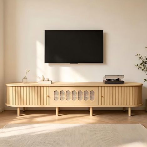Mobile TV ovale con finitura in legno naturale, 180x40x40 cm,mobile basso con ante scorrevoli a lamelle effetto rattan e vano a ribalta (1/5)
