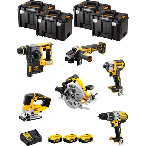 Dewalt – Pack de 6 outils électroportatifs 18V – Perceuse DCD996, perforateur DCH273, meuleuse DCG405, visseuse DCF887 – 3 batteries 5Ah – Coffret TSTAK VI (1/5)