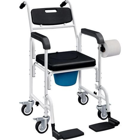 Chaise Percée à Roulettes 4 en 1 Fauteuil Roulant de Douche et Toilette avec Seau Repose-Pieds pour Adulte Noir 53x97x97cm (1/5)